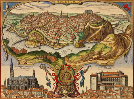 Grabado de 1565: panorámica de Toledo con detalle de la Catedral a la izquierda y del Alcázar a la derecha. Grabado de 1565: panorámica de Toledo con detalle de la Catedral a la izquierda y del Alcázar a la derecha