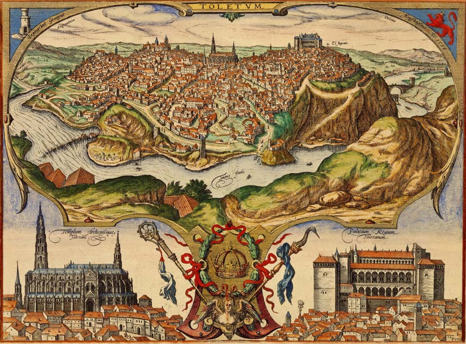 Grabado de 1565: panorámica de Toledo con detalle de la Catedral a la izquierda y del Alcázar a la derecha